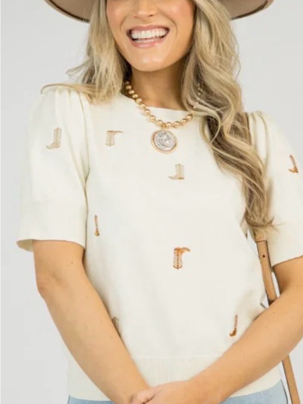 NWT Gilli Cowboy Boot Embroidered Short-Sleeve Knit Top - Med Petite